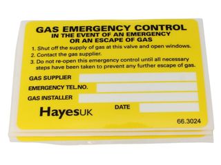 Arctic Hayes 663024 Gas Emergency Control Labels (Pack Of 10)