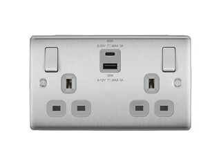 NEXUS NBS22UAC45G-01 METL BRUSH STEEL GRY DBLE SWITCH 13A POWE