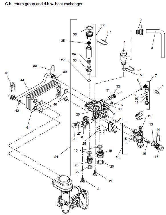Exploded Diagram for DHW HEATEX CH RTN GROUP