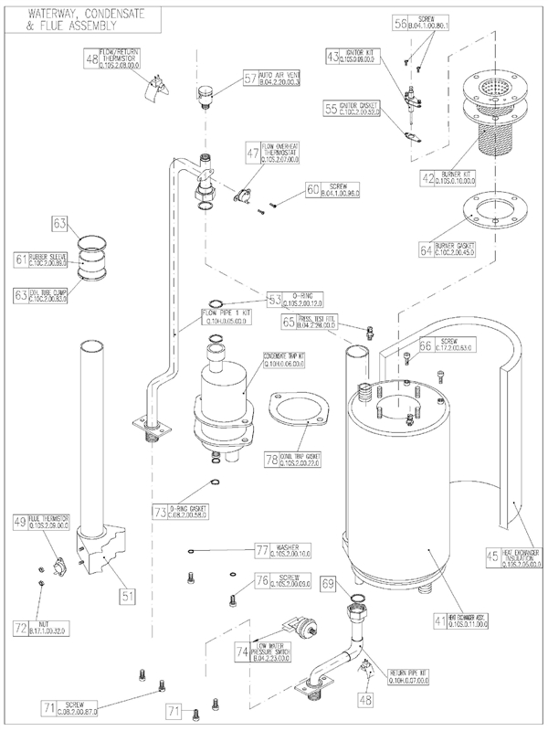 Exploded Diagram for WATERWAY, CONDENSATE & FLUE AS